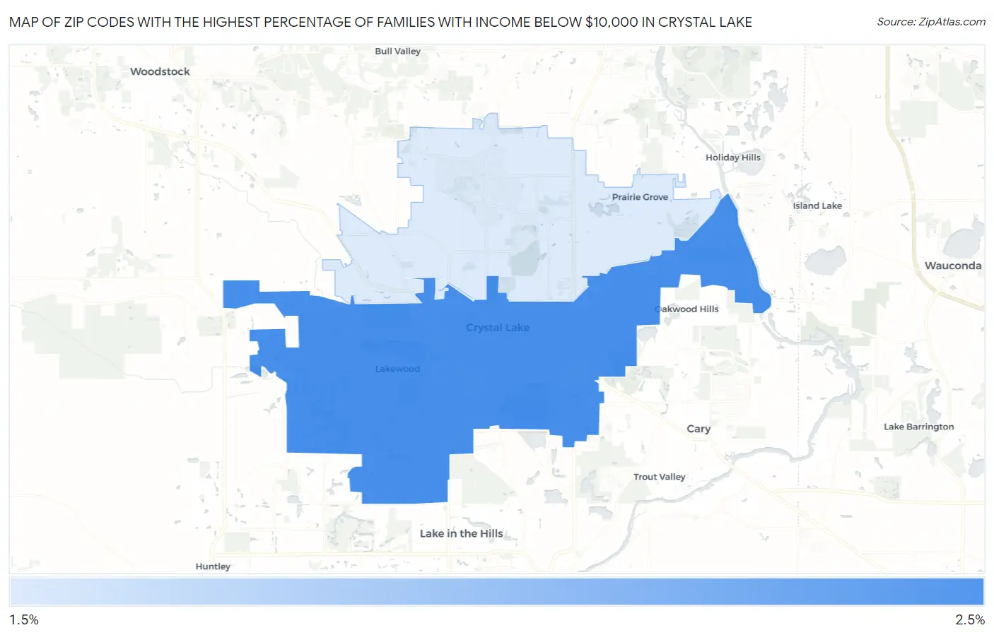 Zip Codes with the Highest Percentage of Families with Income Below $10,000 in Crystal Lake Map