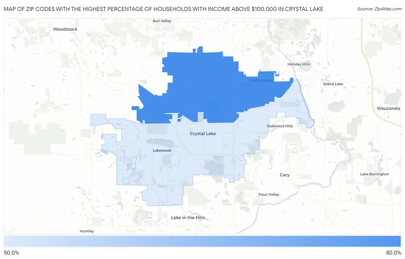 Zip Codes with the Highest Percentage of Households with Income Above $100,000 in Crystal Lake Map