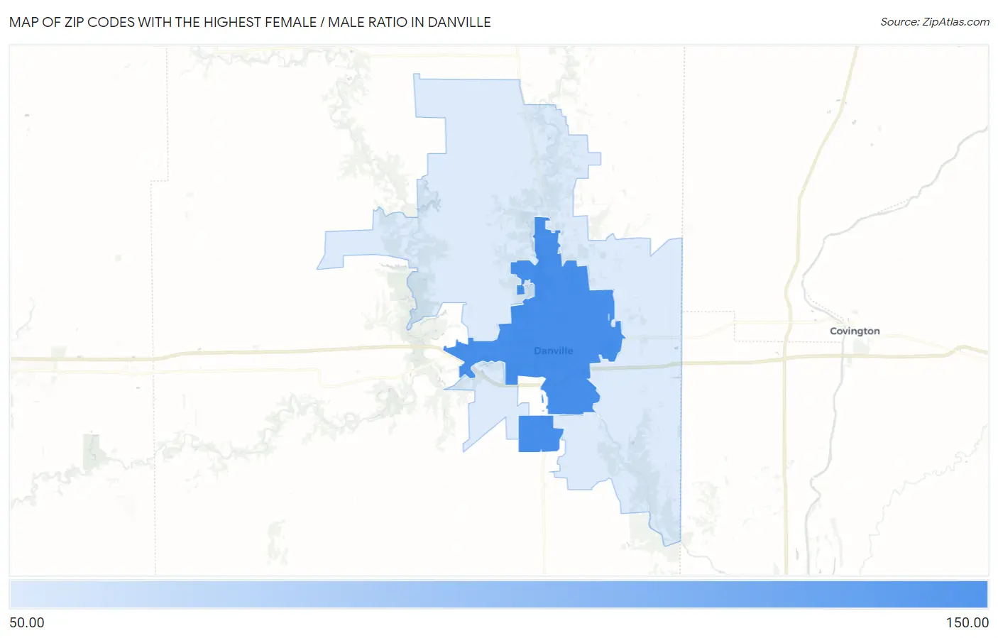 Zip Codes with the Highest Female / Male Ratio in Danville Map