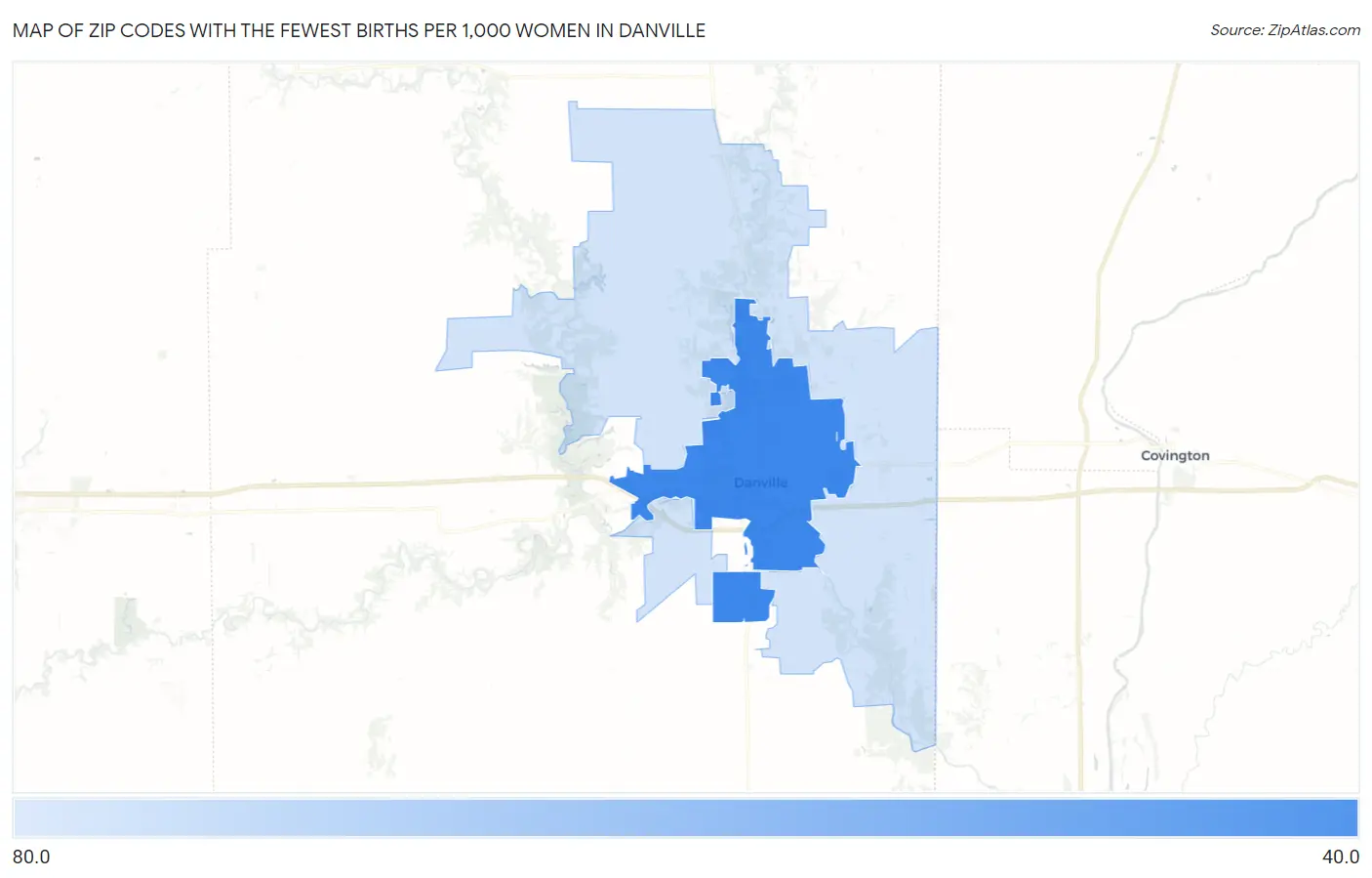 Zip Codes with the Fewest Births per 1,000 Women in Danville Map