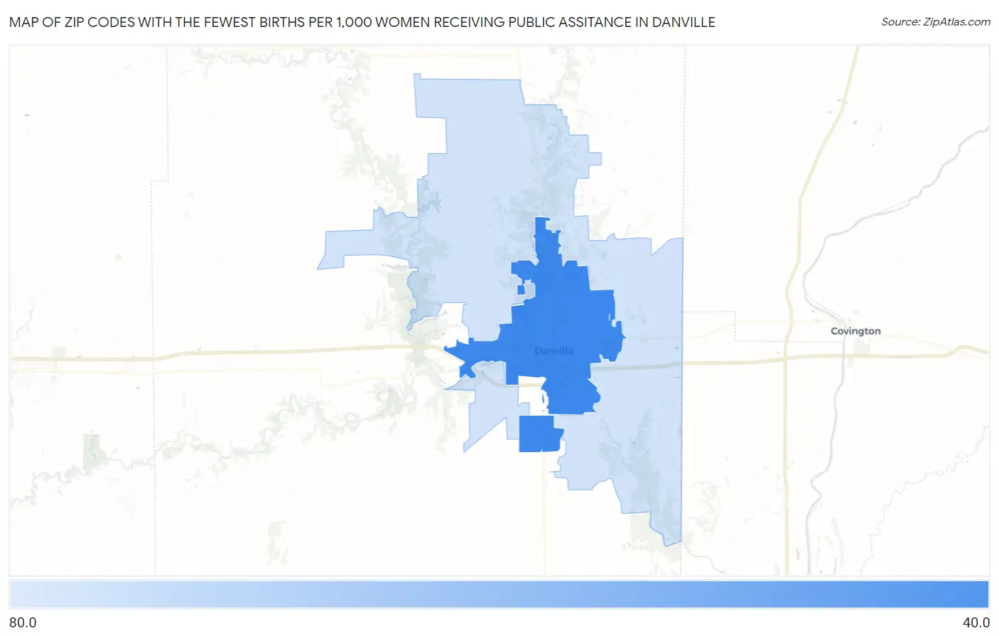 Zip Codes with the Fewest Births per 1,000 Women Receiving Public Assitance in Danville Map
