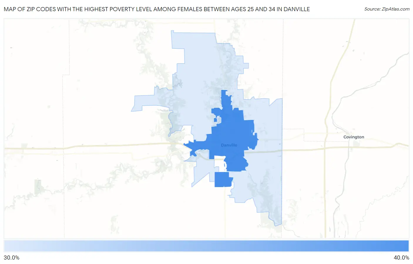 Zip Codes with the Highest Poverty Level Among Females Between Ages 25 and 34 in Danville Map