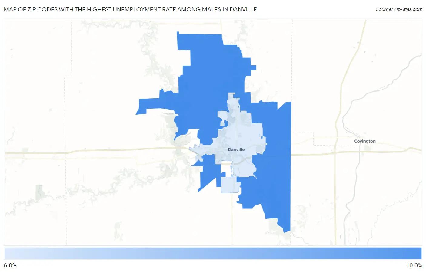 Zip Codes with the Highest Unemployment Rate Among Males in Danville Map
