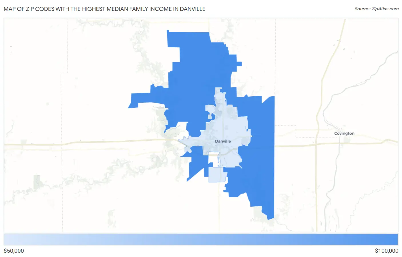 Zip Codes with the Highest Median Family Income in Danville Map