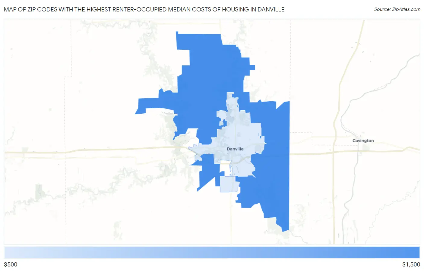 Zip Codes with the Highest Renter-Occupied Median Costs of Housing in Danville Map