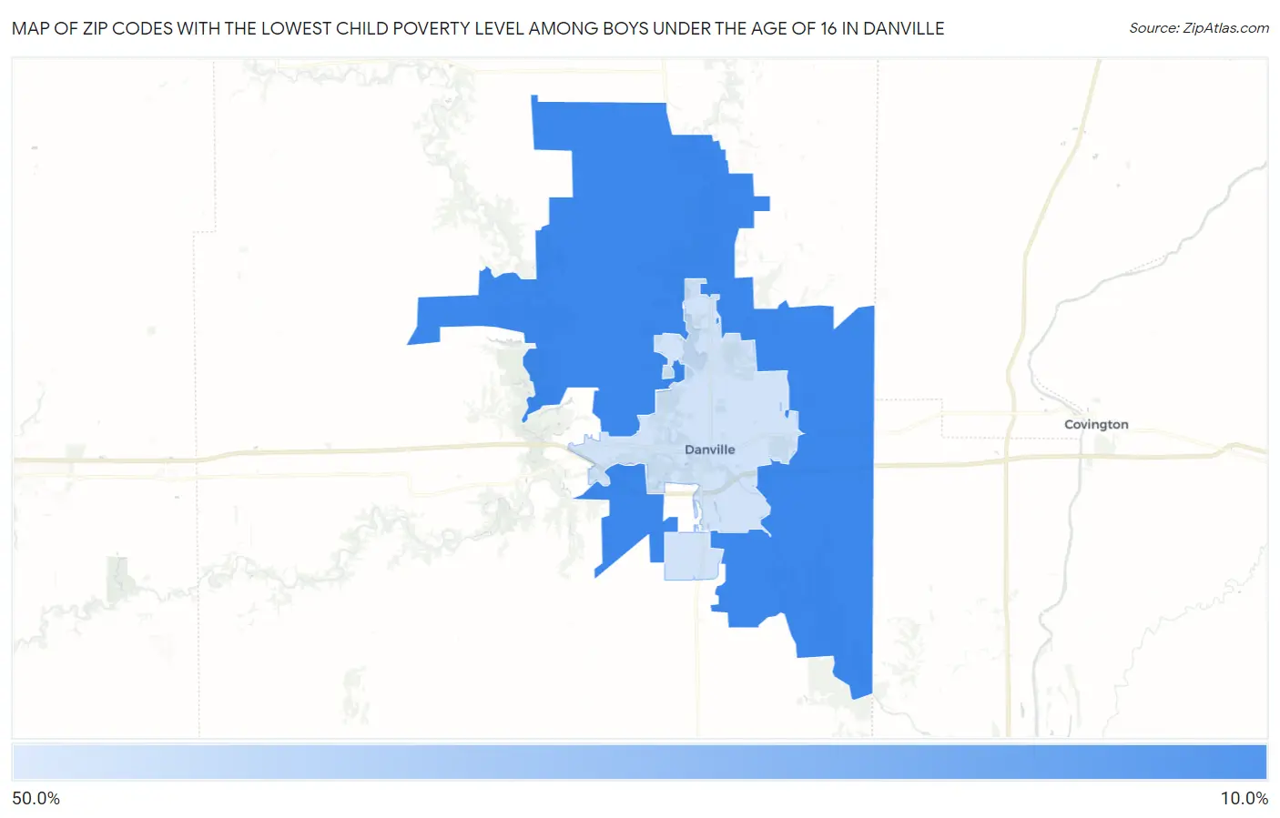 Zip Codes with the Lowest Child Poverty Level Among Boys Under the Age of 16 in Danville Map