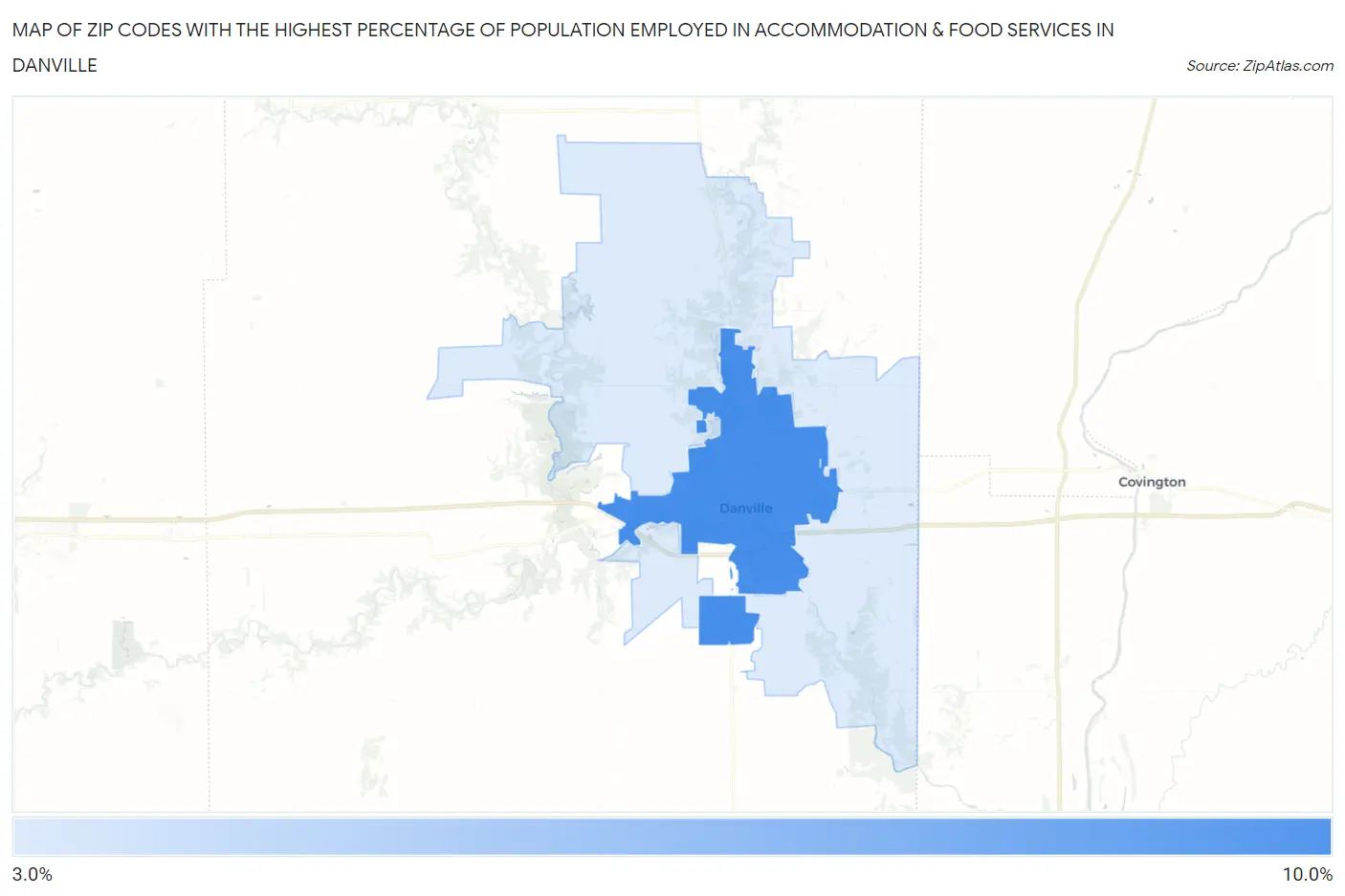 Zip Codes with the Highest Percentage of Population Employed in Accommodation & Food Services in Danville Map