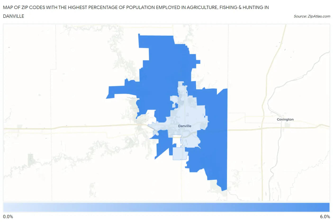 Zip Codes with the Highest Percentage of Population Employed in Agriculture, Fishing & Hunting in Danville Map