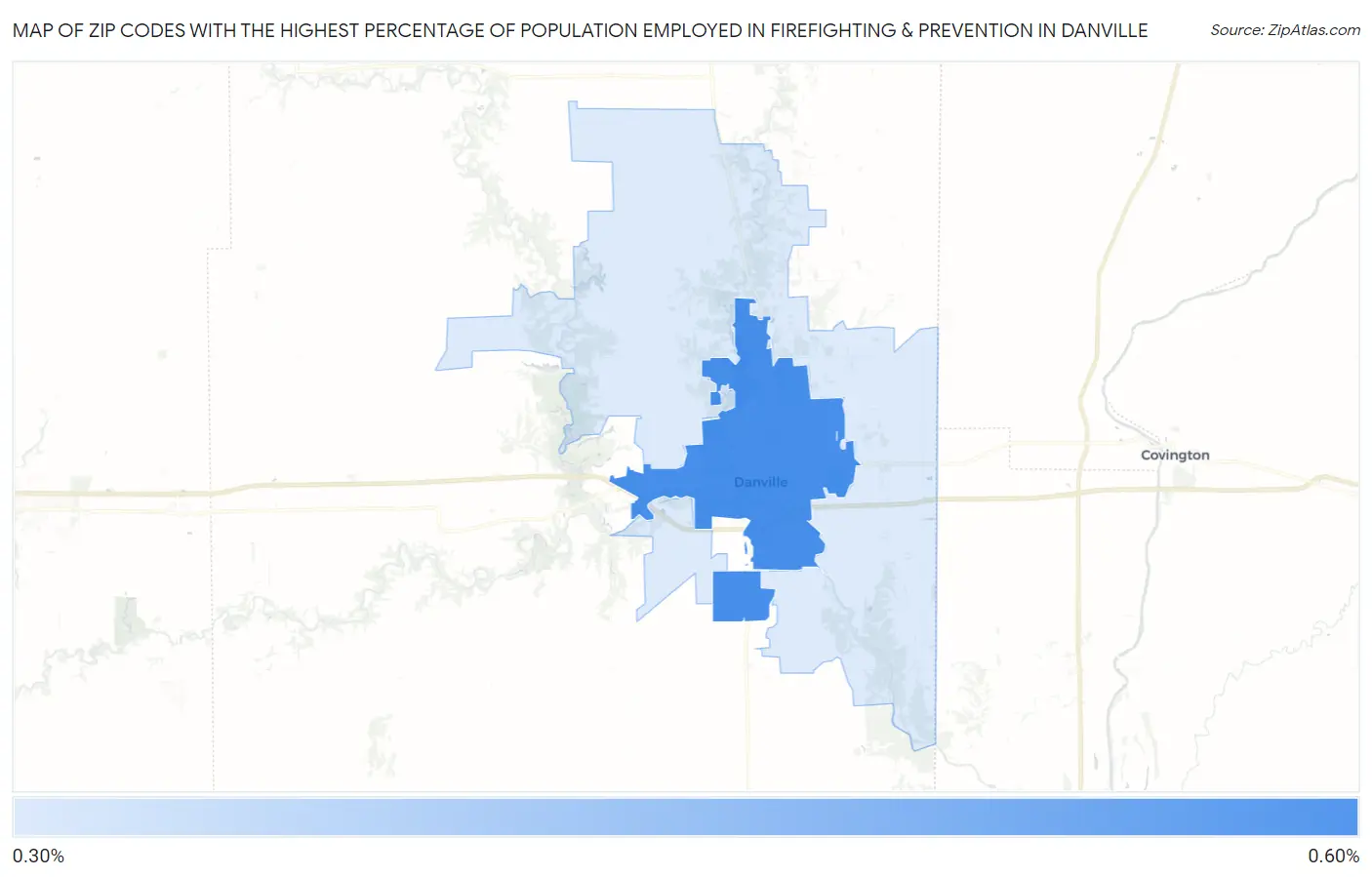 Zip Codes with the Highest Percentage of Population Employed in Firefighting & Prevention in Danville Map