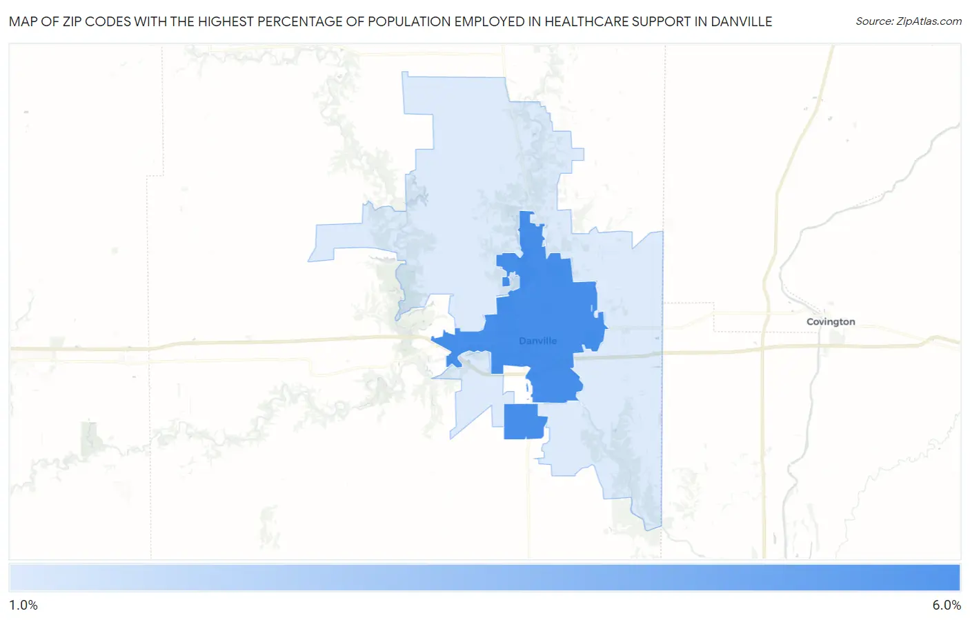 Zip Codes with the Highest Percentage of Population Employed in Healthcare Support in Danville Map