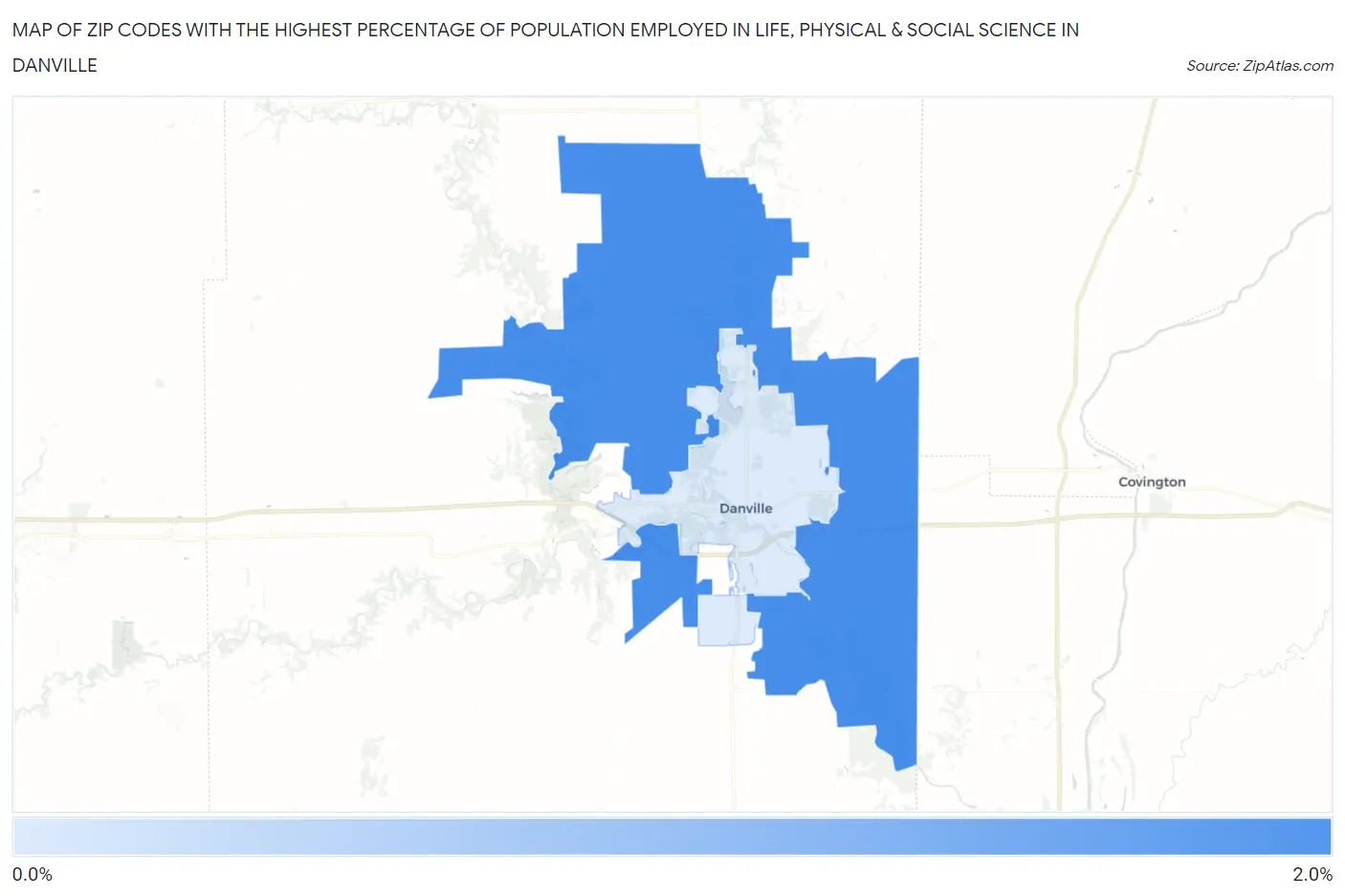 Zip Codes with the Highest Percentage of Population Employed in Life, Physical & Social Science in Danville Map