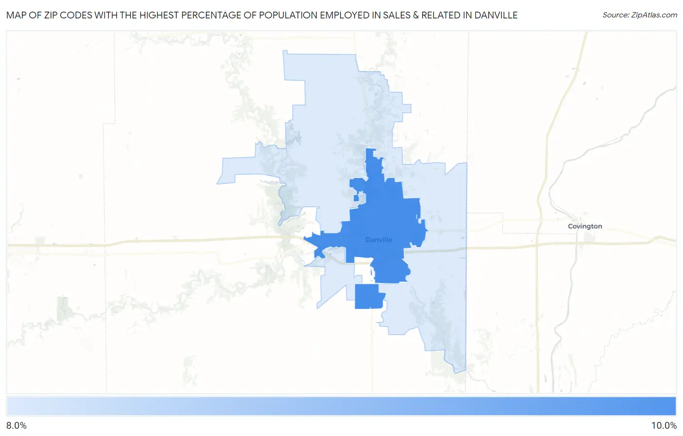 Zip Codes with the Highest Percentage of Population Employed in Sales & Related in Danville Map