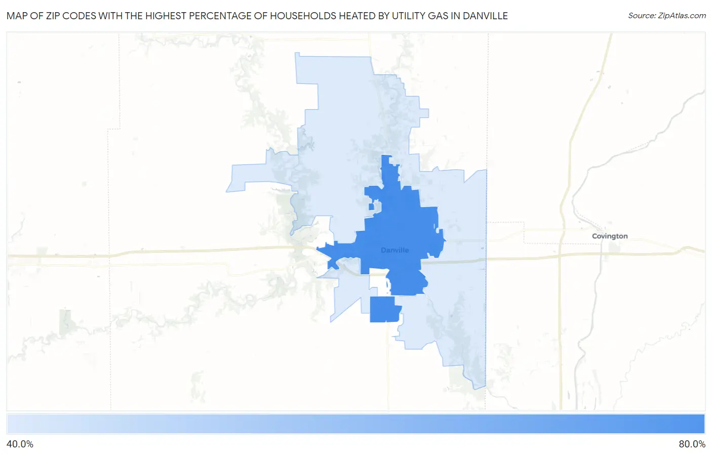 Zip Codes with the Highest Percentage of Households Heated by Utility Gas in Danville Map