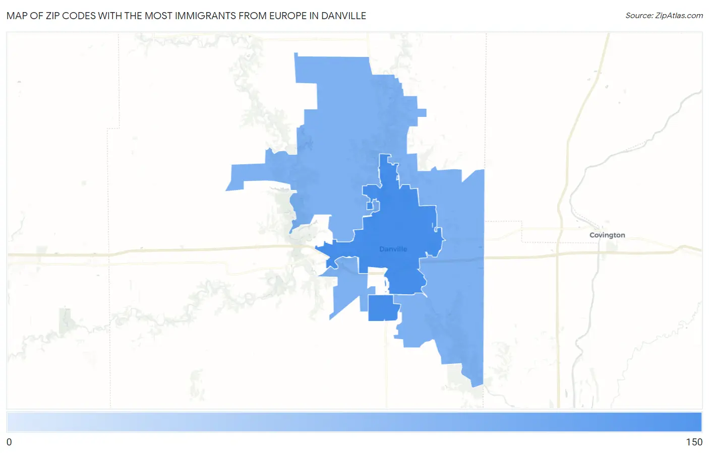 Zip Codes with the Most Immigrants from Europe in Danville Map