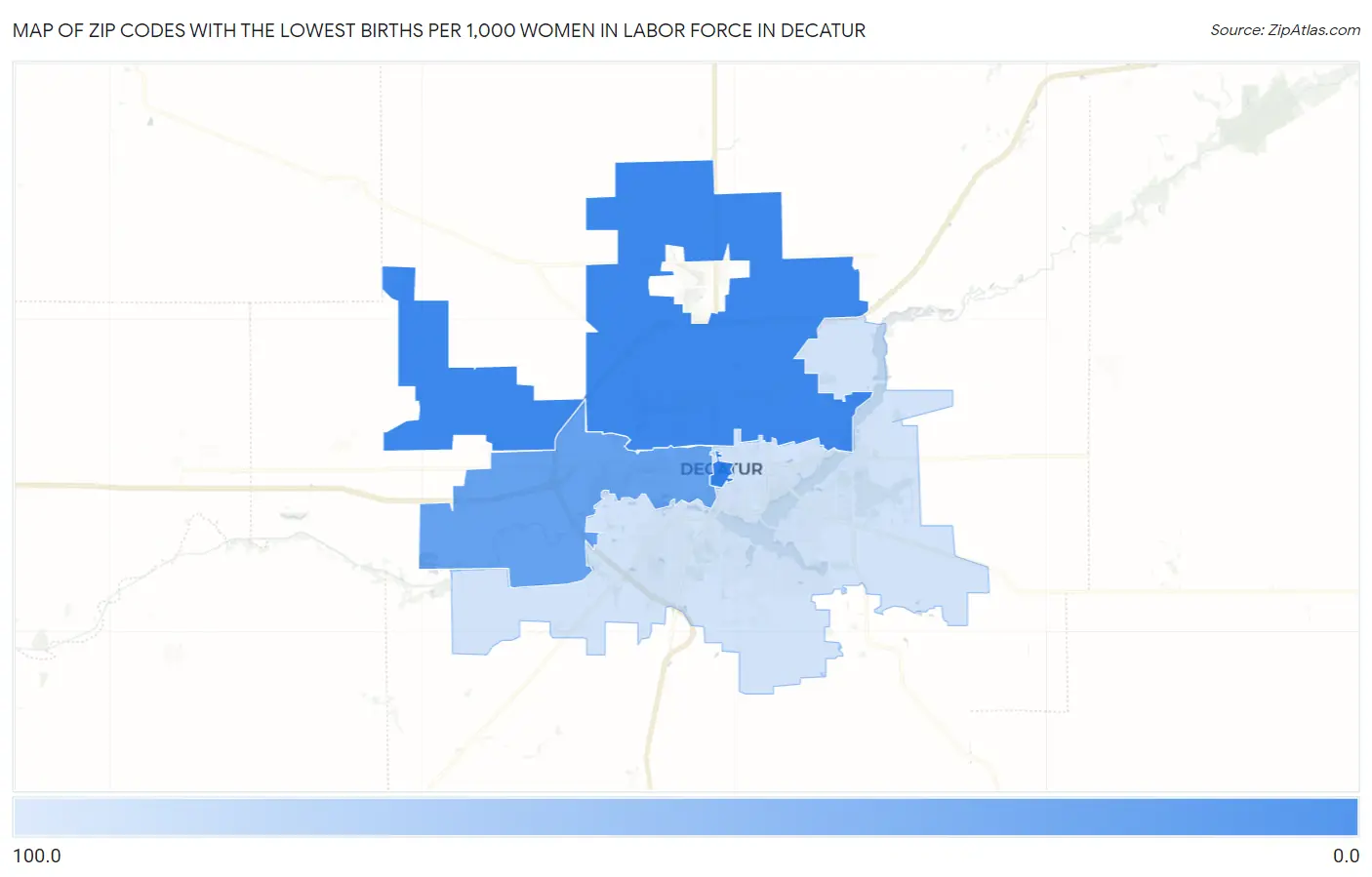 Zip Codes with the Lowest Births per 1,000 Women in Labor Force in Decatur Map