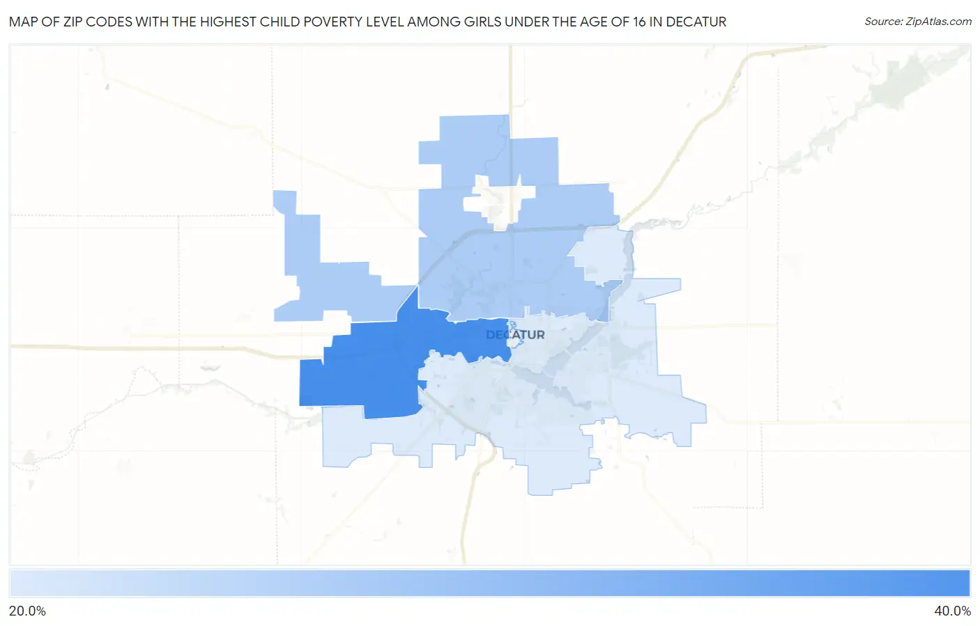 Zip Codes with the Highest Child Poverty Level Among Girls Under the Age of 16 in Decatur Map