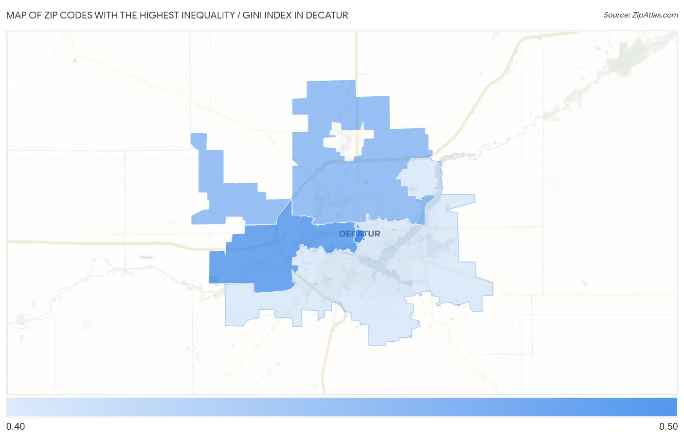 Zip Codes with the Highest Inequality / Gini Index in Decatur Map