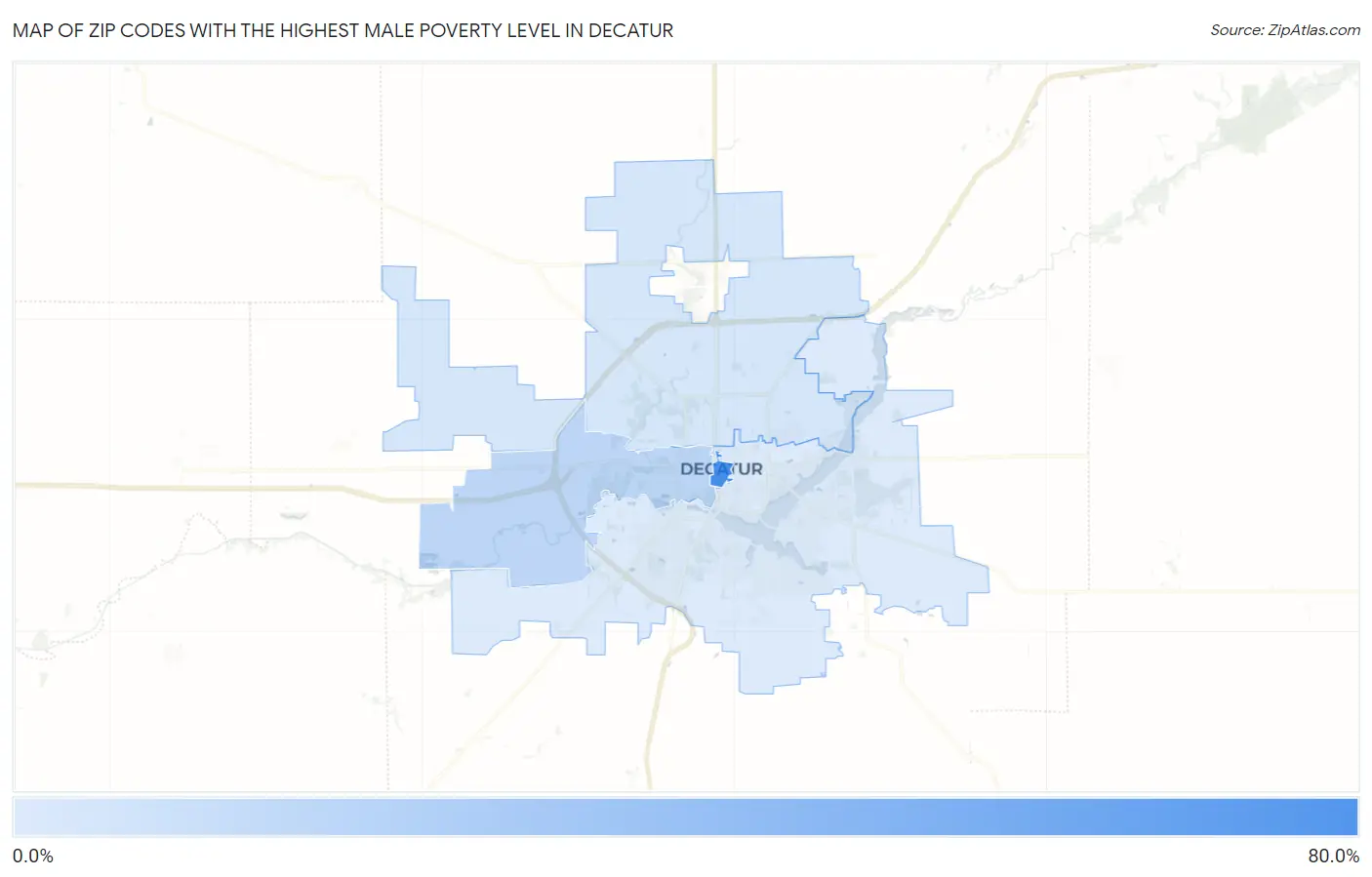 Zip Codes with the Highest Male Poverty Level in Decatur Map