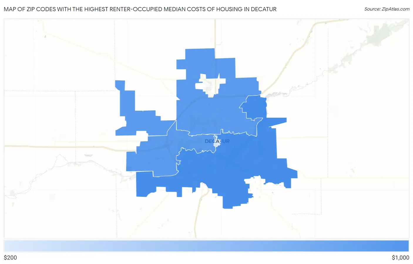 Zip Codes with the Highest Renter-Occupied Median Costs of Housing in Decatur Map