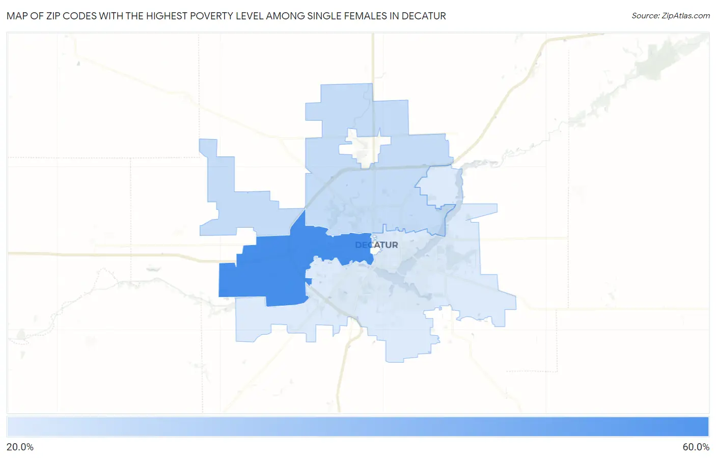 Zip Codes with the Highest Poverty Level Among Single Females in Decatur Map