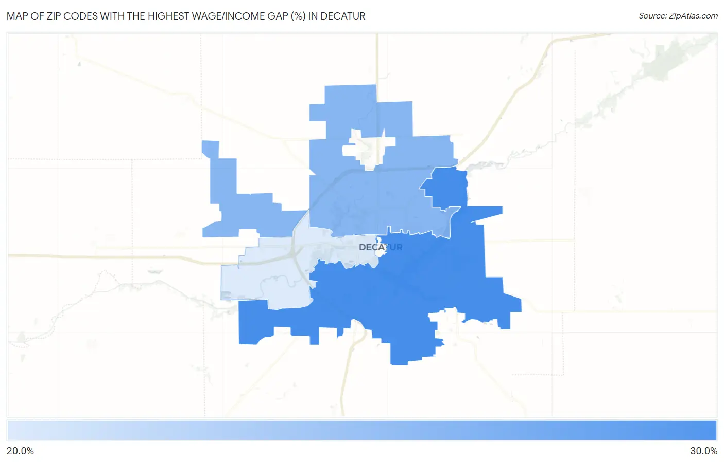 Zip Codes with the Highest Wage/Income Gap (%) in Decatur Map