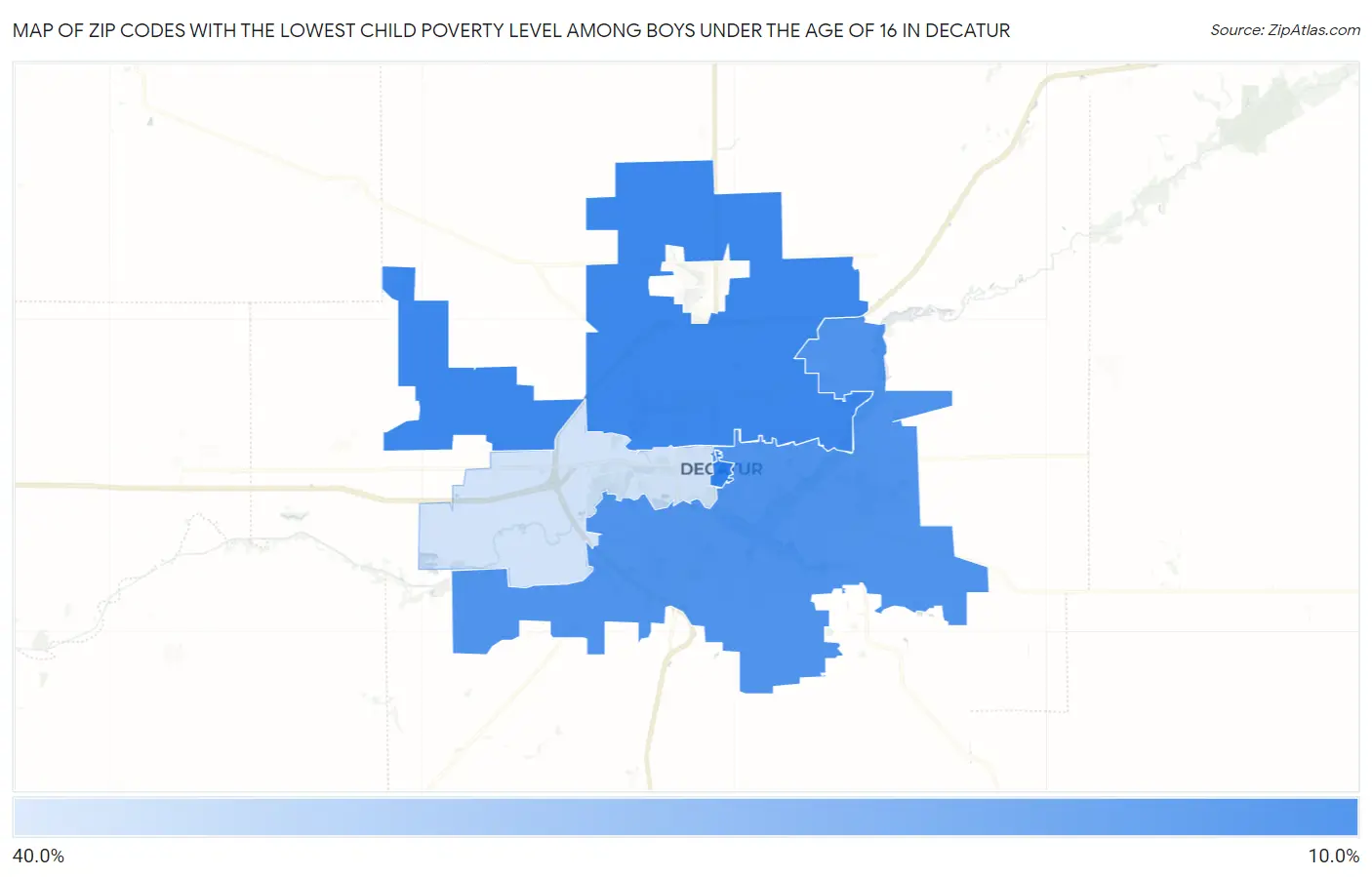 Zip Codes with the Lowest Child Poverty Level Among Boys Under the Age of 16 in Decatur Map