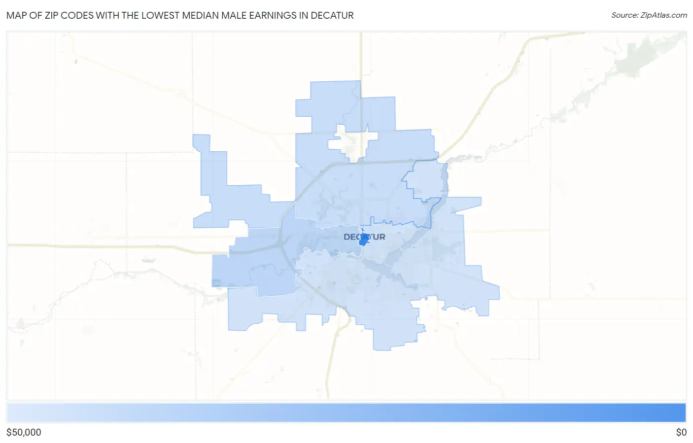 Zip Codes with the Lowest Median Male Earnings in Decatur Map