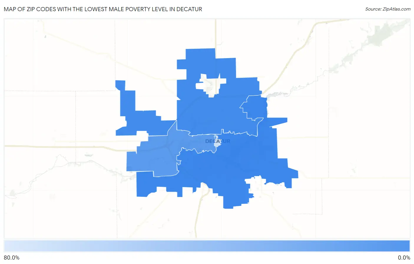 Zip Codes with the Lowest Male Poverty Level in Decatur Map