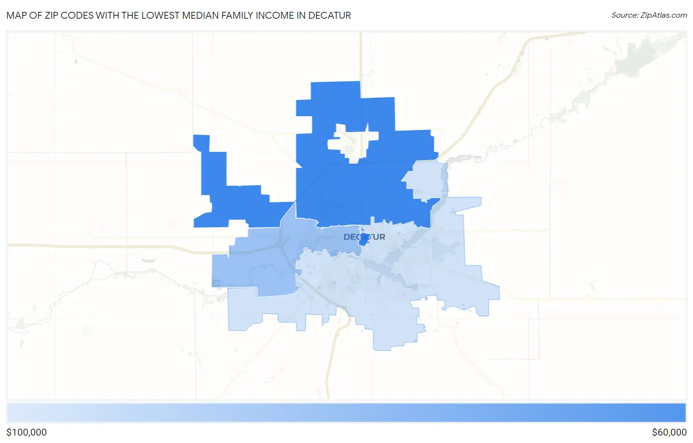 Zip Codes with the Lowest Median Family Income in Decatur Map