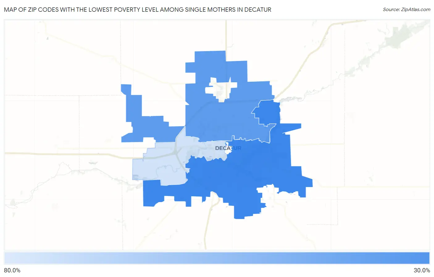 Zip Codes with the Lowest Poverty Level Among Single Mothers in Decatur Map