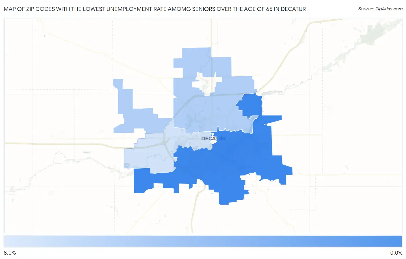 Zip Codes with the Lowest Unemployment Rate Amomg Seniors Over the Age of 65 in Decatur Map