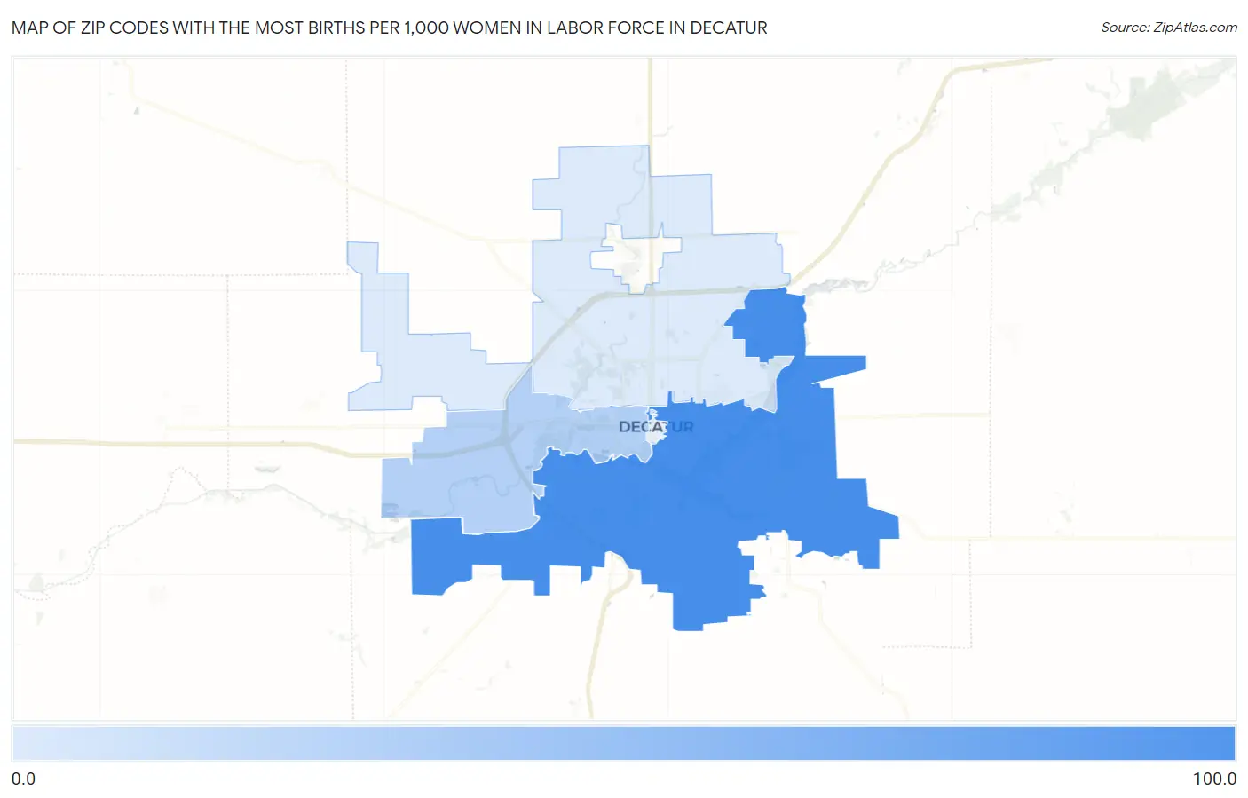 Zip Codes with the Most Births per 1,000 Women in Labor Force in Decatur Map