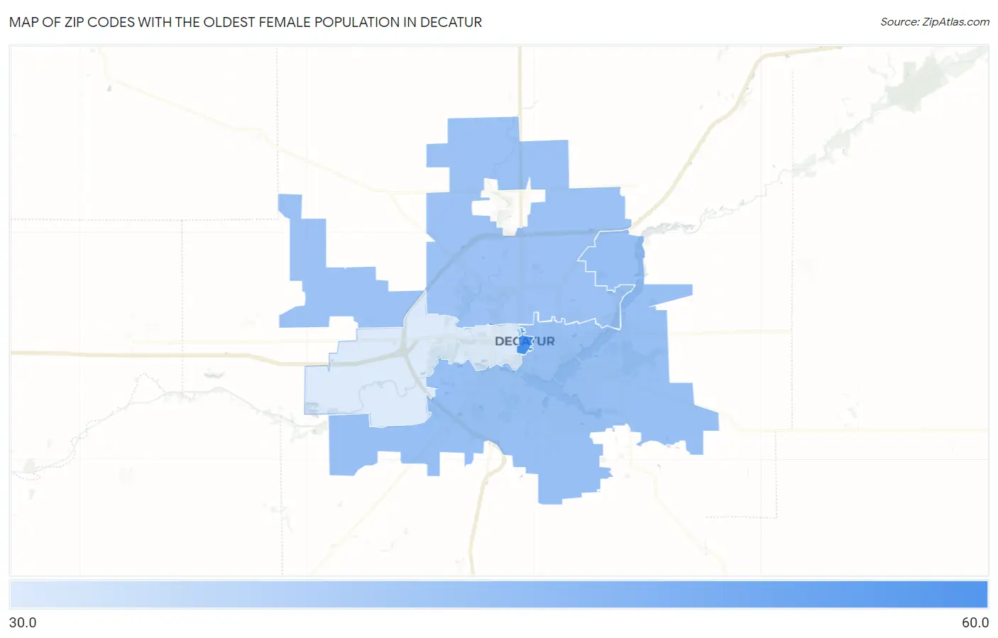 Zip Codes with the Oldest Female Population in Decatur Map