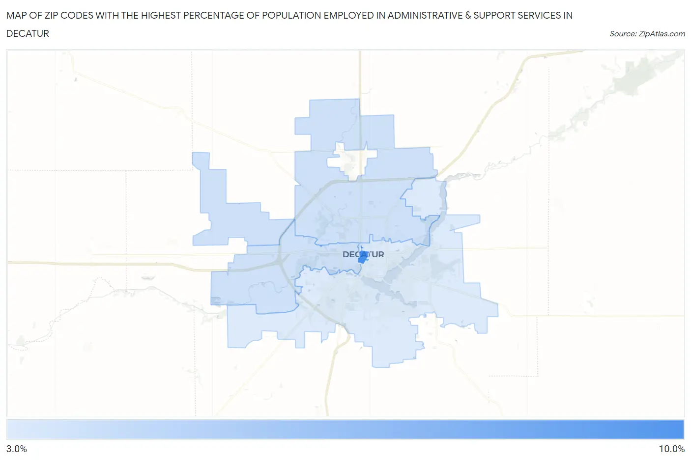 Zip Codes with the Highest Percentage of Population Employed in Administrative & Support Services in Decatur Map