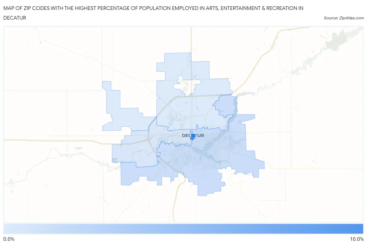 Zip Codes with the Highest Percentage of Population Employed in Arts, Entertainment & Recreation in Decatur Map
