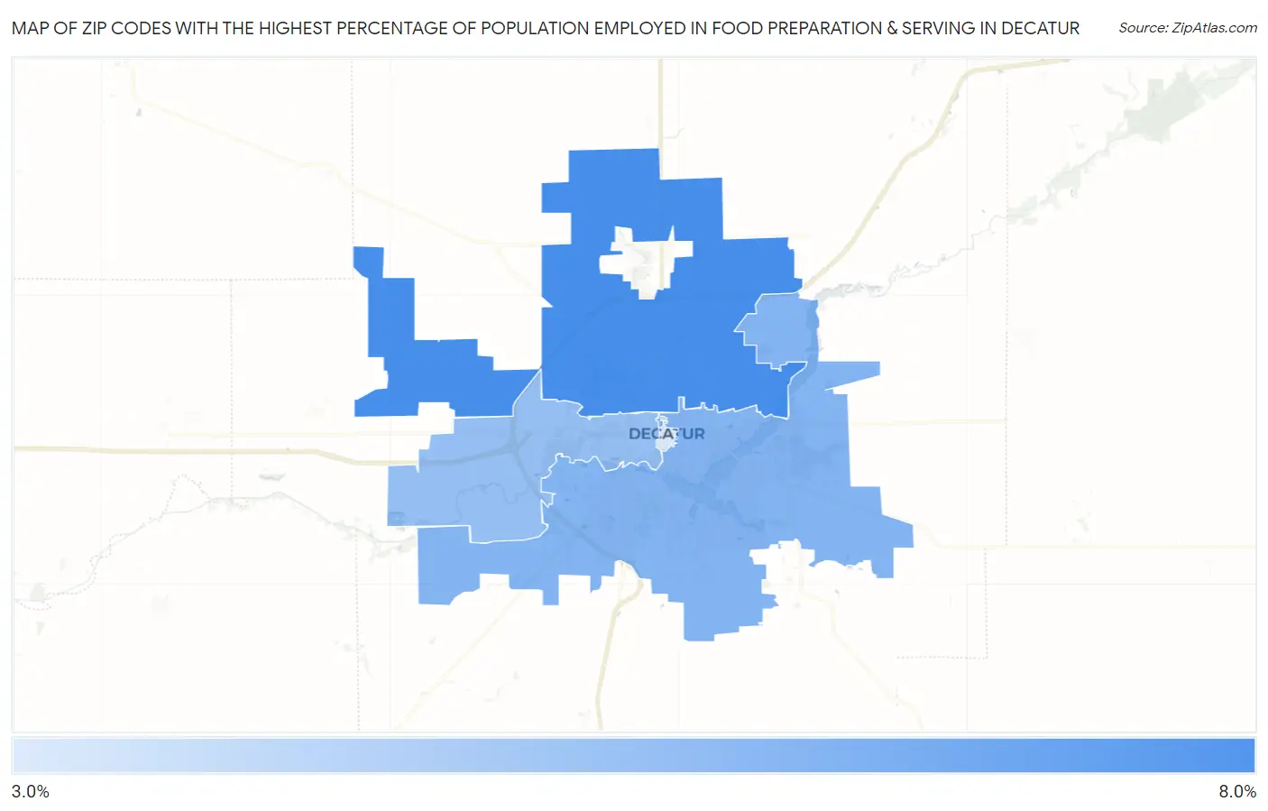 Zip Codes with the Highest Percentage of Population Employed in Food Preparation & Serving in Decatur Map