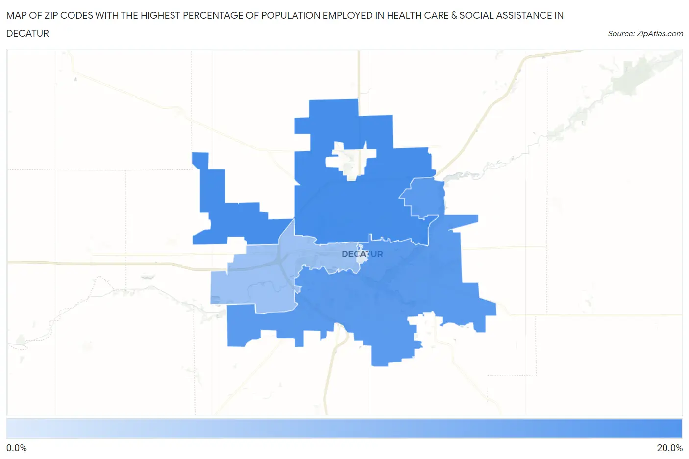 Zip Codes with the Highest Percentage of Population Employed in Health Care & Social Assistance in Decatur Map