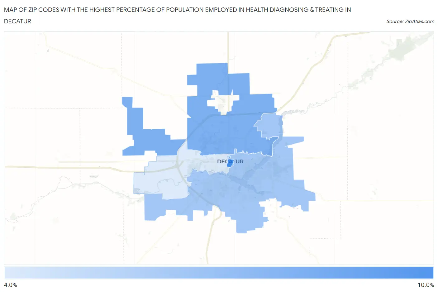 Zip Codes with the Highest Percentage of Population Employed in Health Diagnosing & Treating in Decatur Map