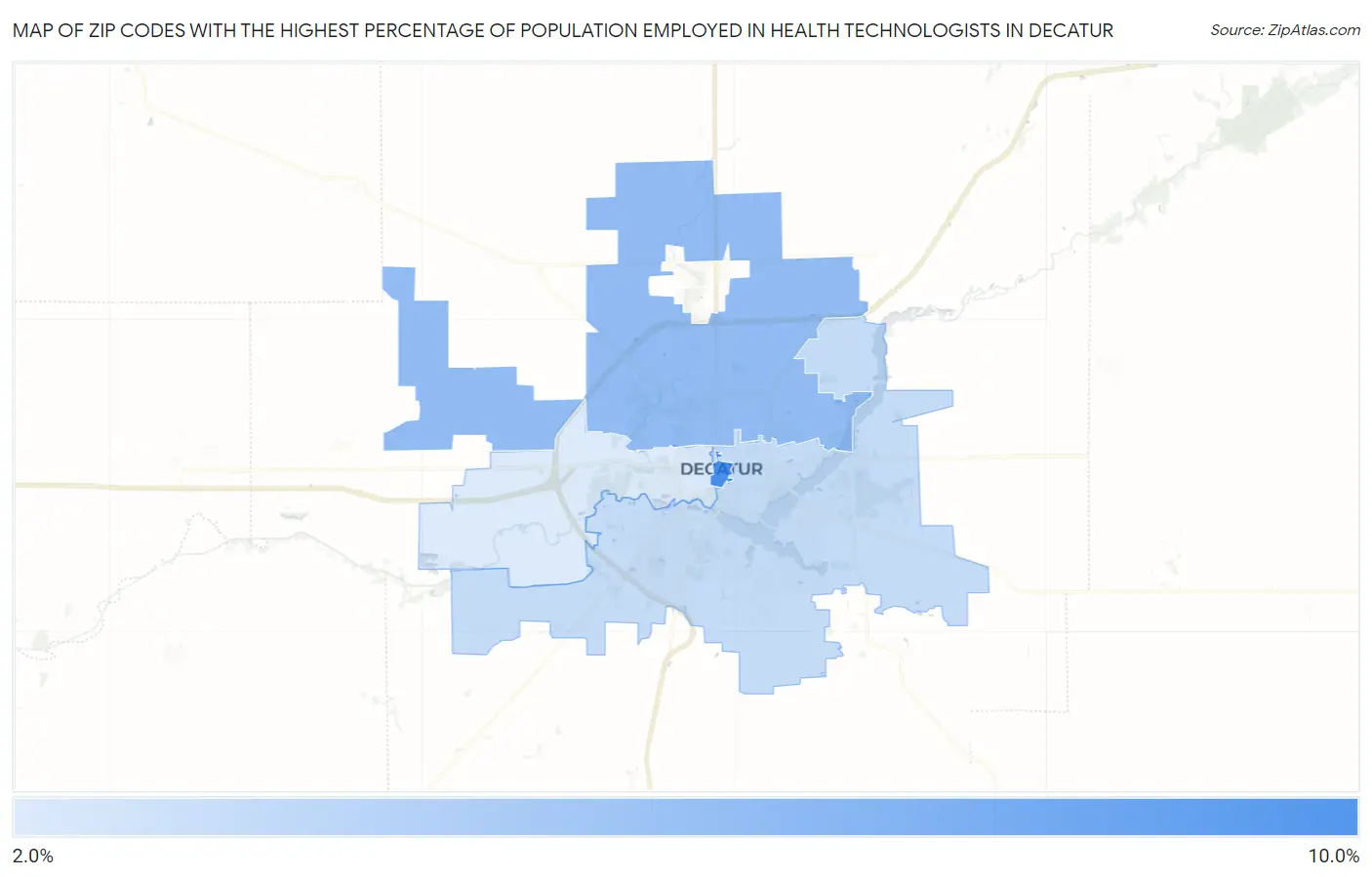 Zip Codes with the Highest Percentage of Population Employed in Health Technologists in Decatur Map