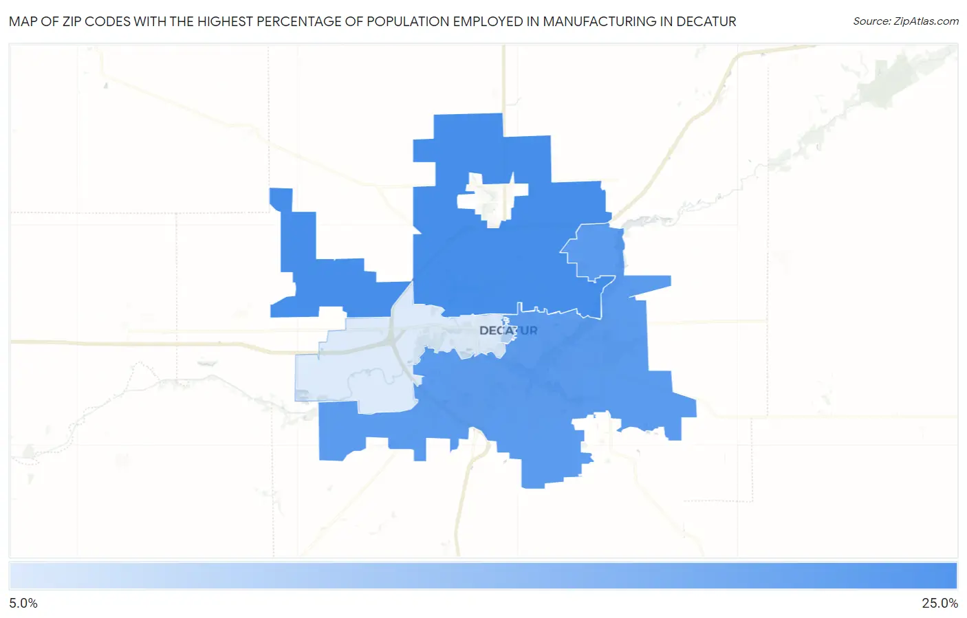 Zip Codes with the Highest Percentage of Population Employed in Manufacturing in Decatur Map