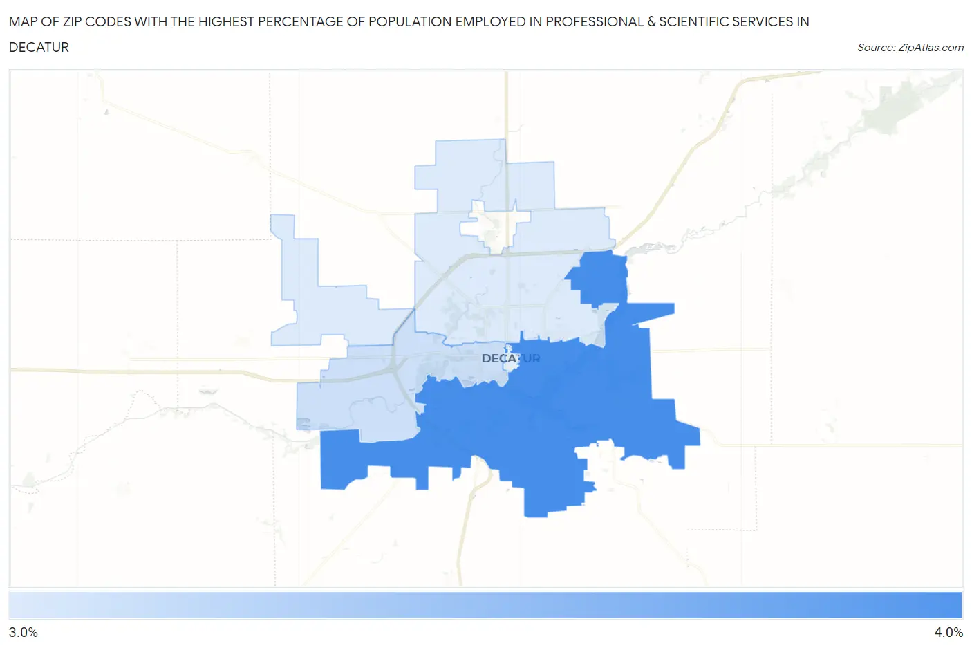 Zip Codes with the Highest Percentage of Population Employed in Professional & Scientific Services in Decatur Map