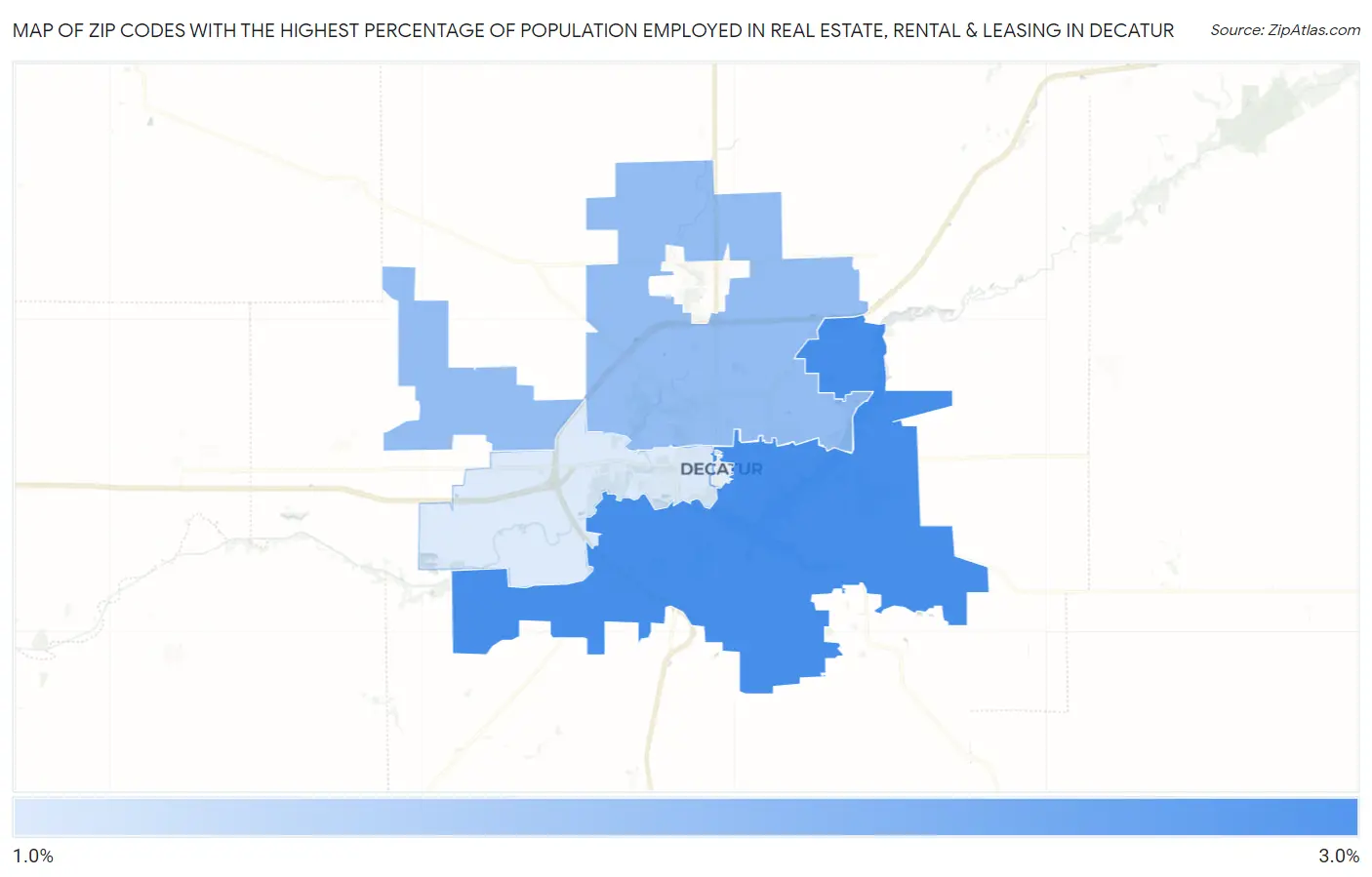 Zip Codes with the Highest Percentage of Population Employed in Real Estate, Rental & Leasing in Decatur Map
