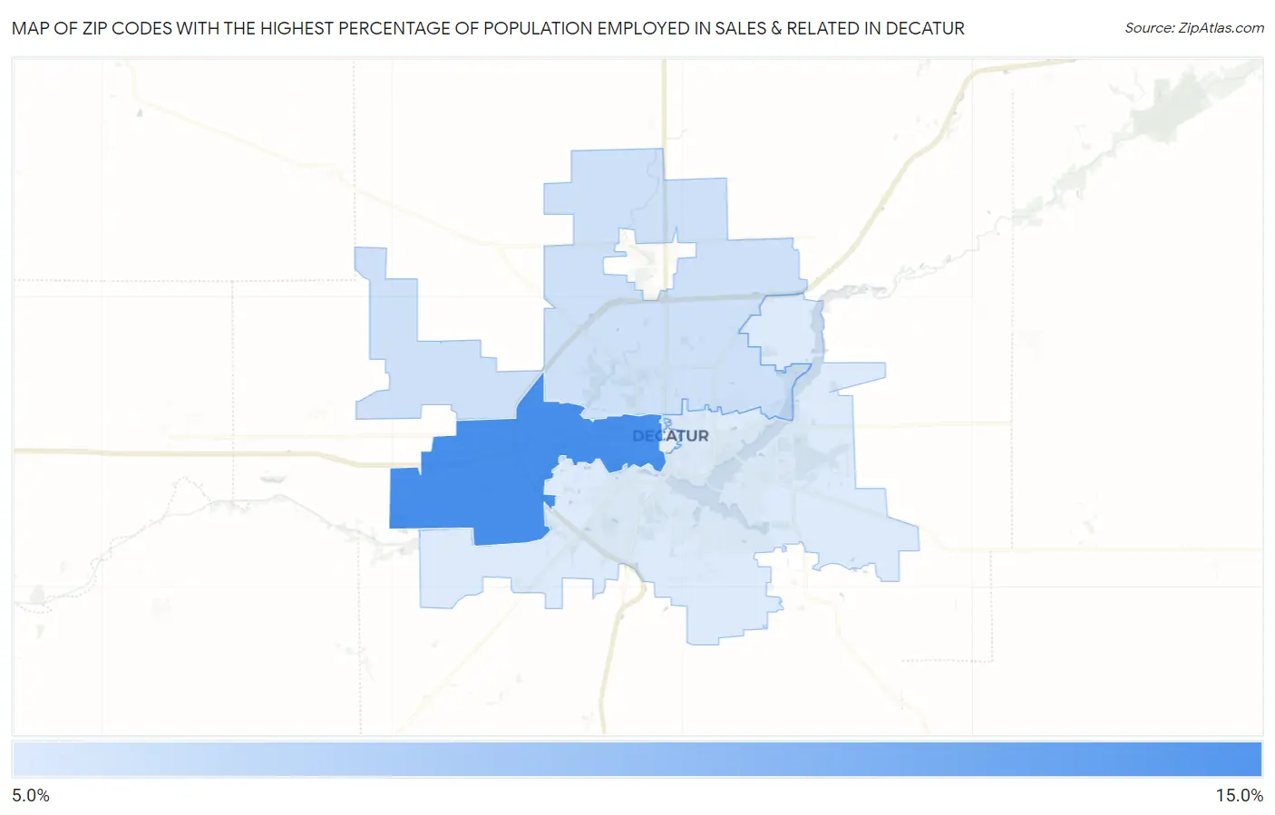 Zip Codes with the Highest Percentage of Population Employed in Sales & Related in Decatur Map