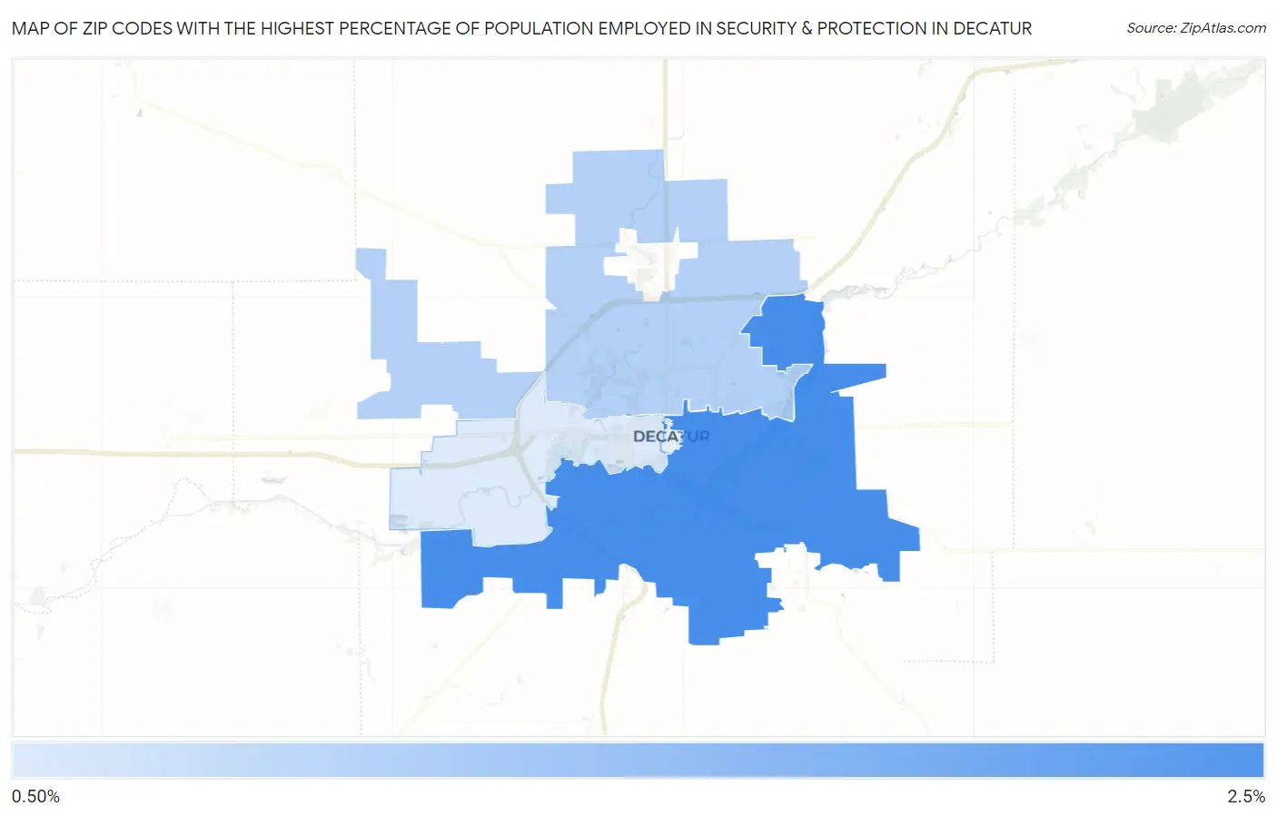 Zip Codes with the Highest Percentage of Population Employed in Security & Protection in Decatur Map