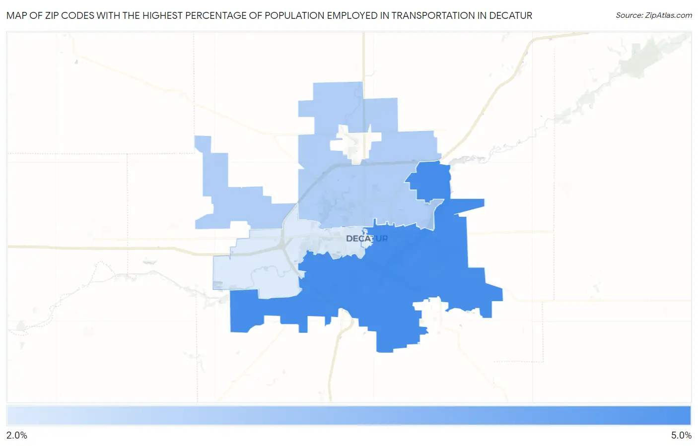 Zip Codes with the Highest Percentage of Population Employed in Transportation in Decatur Map