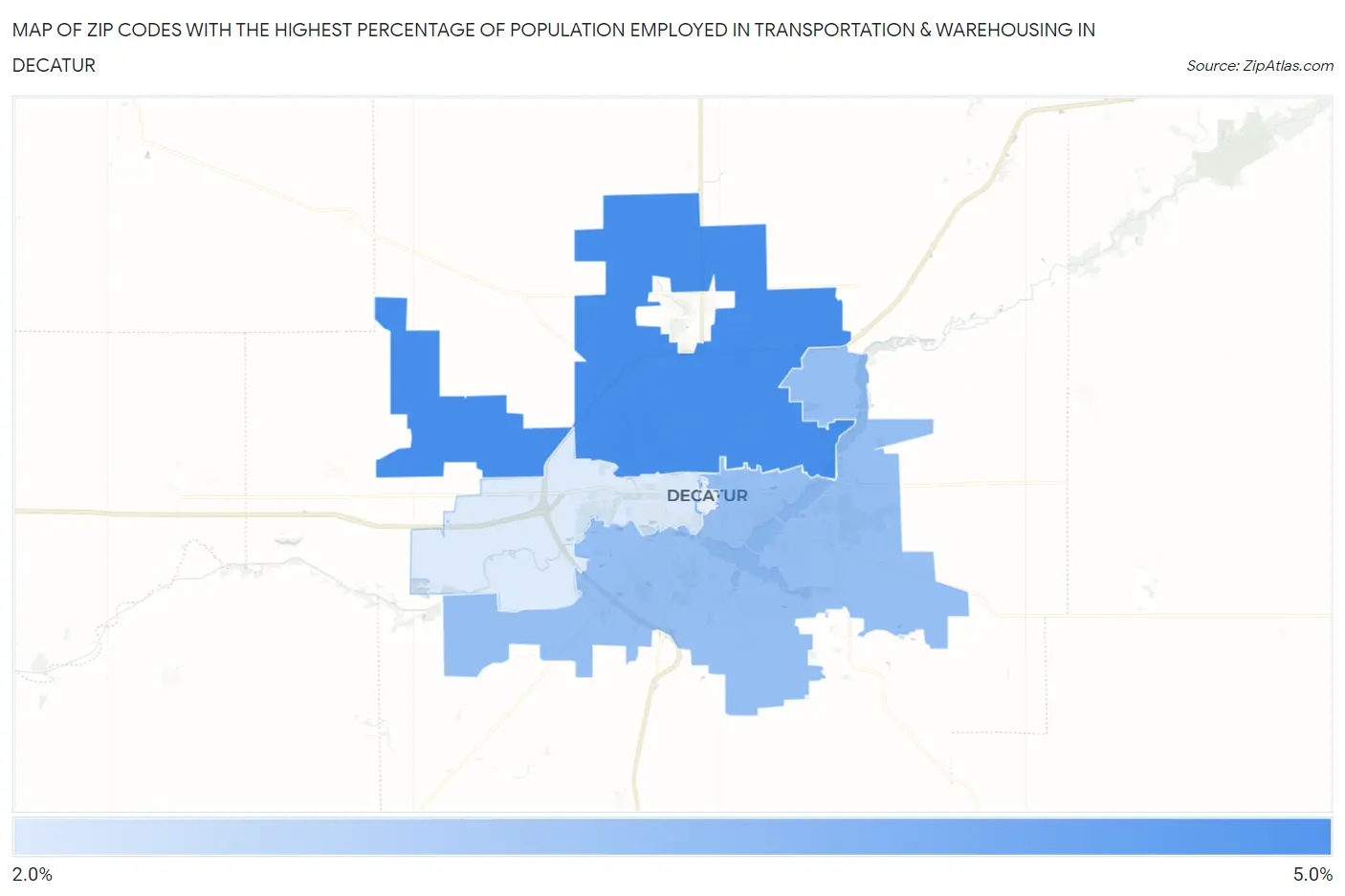 Zip Codes with the Highest Percentage of Population Employed in Transportation & Warehousing in Decatur Map