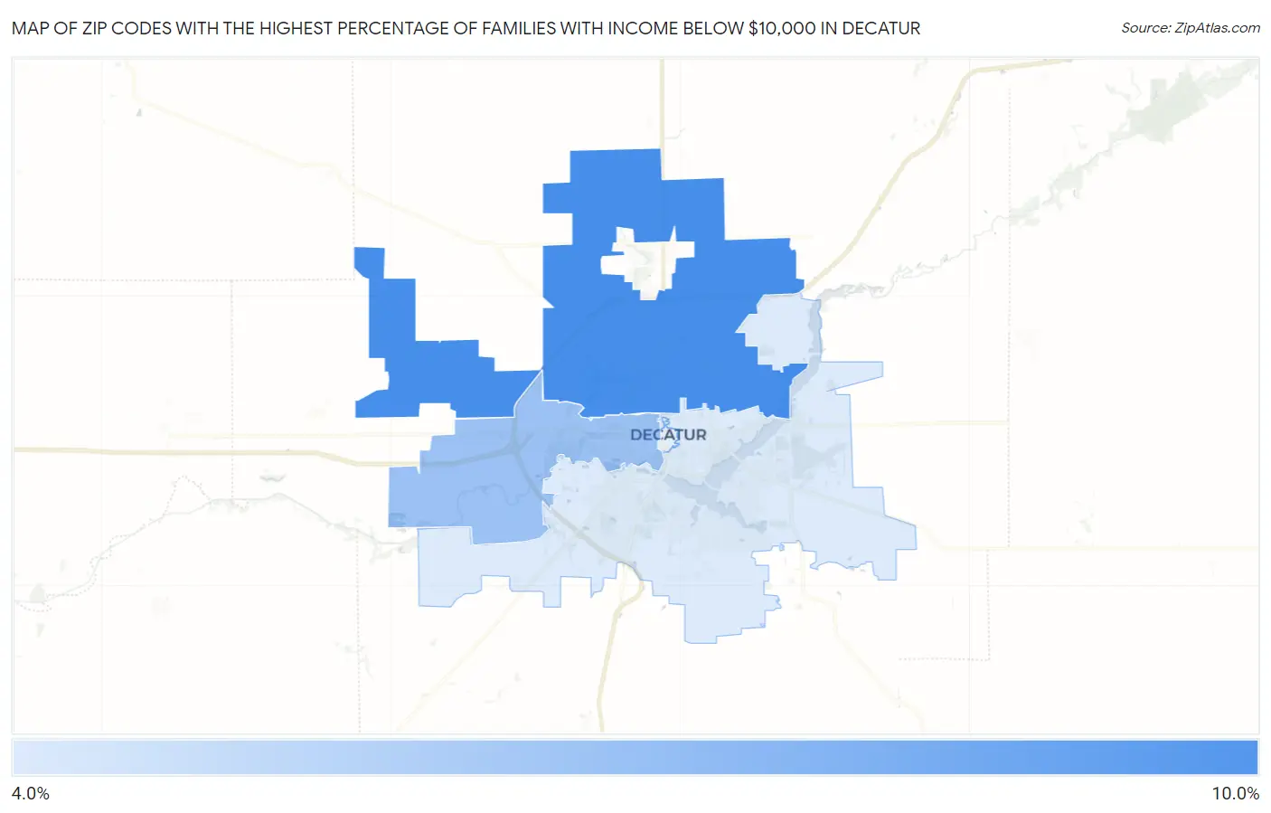 Zip Codes with the Highest Percentage of Families with Income Below $10,000 in Decatur Map
