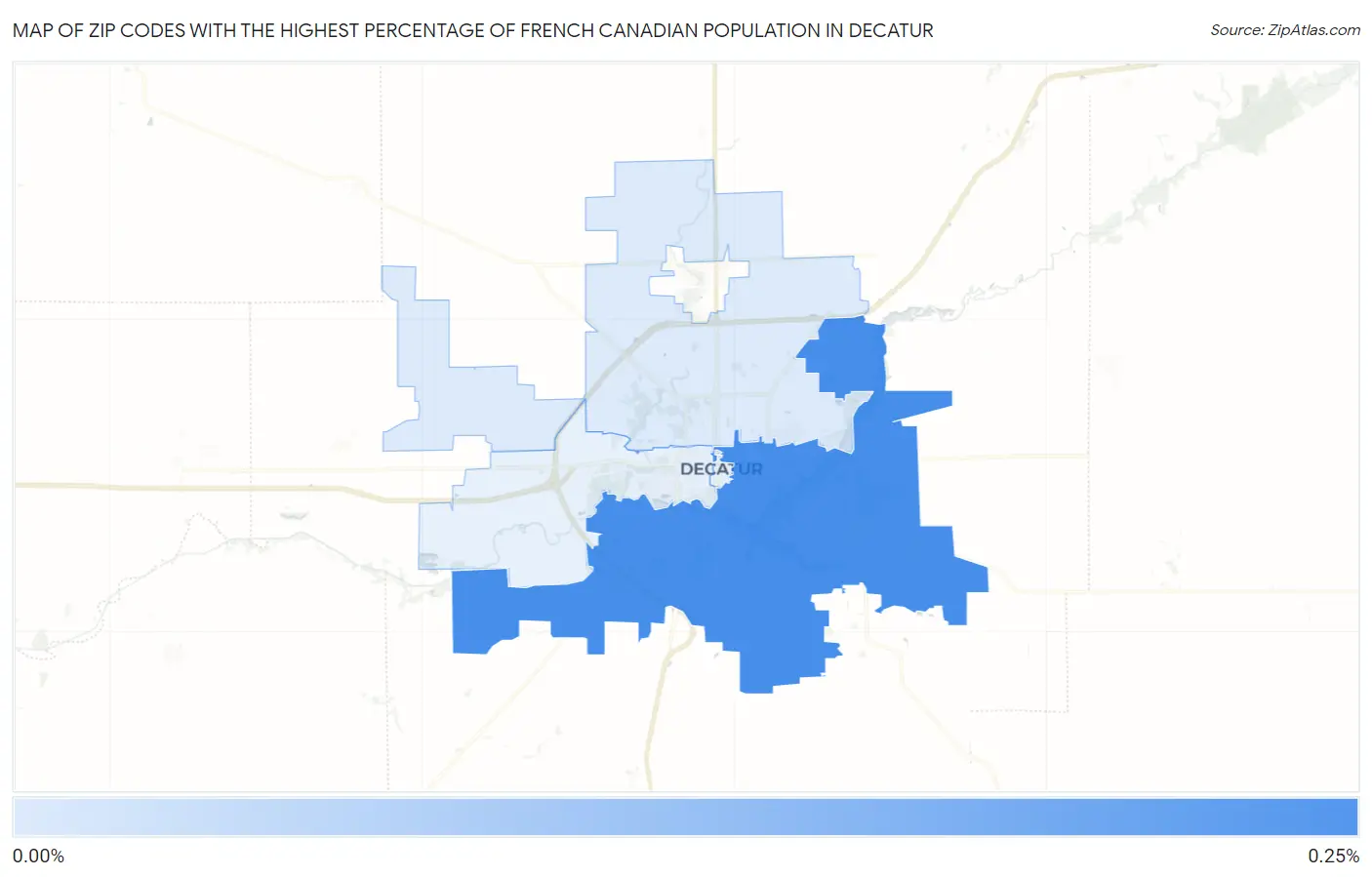 Zip Codes with the Highest Percentage of French Canadian Population in Decatur Map