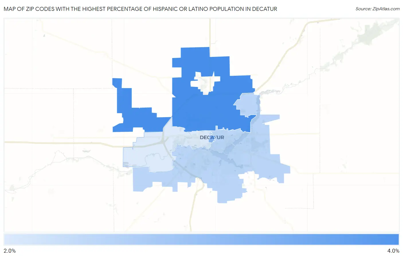 Zip Codes with the Highest Percentage of Hispanic or Latino Population in Decatur Map