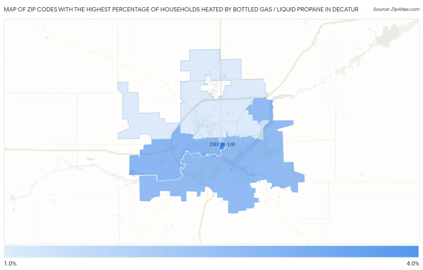 Zip Codes with the Highest Percentage of Households Heated by Bottled Gas / Liquid Propane in Decatur Map
